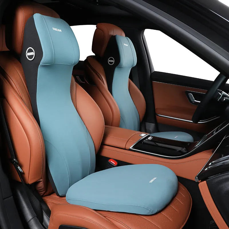 Integrated memory foam car headrest and lumbar support cushion in black, brown, red, green, blue, or grey colours