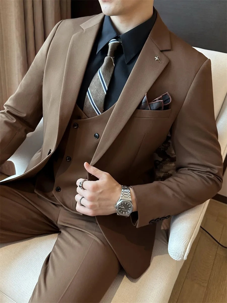 Men's dark green slim fit business suit with structured blazer and trousers
