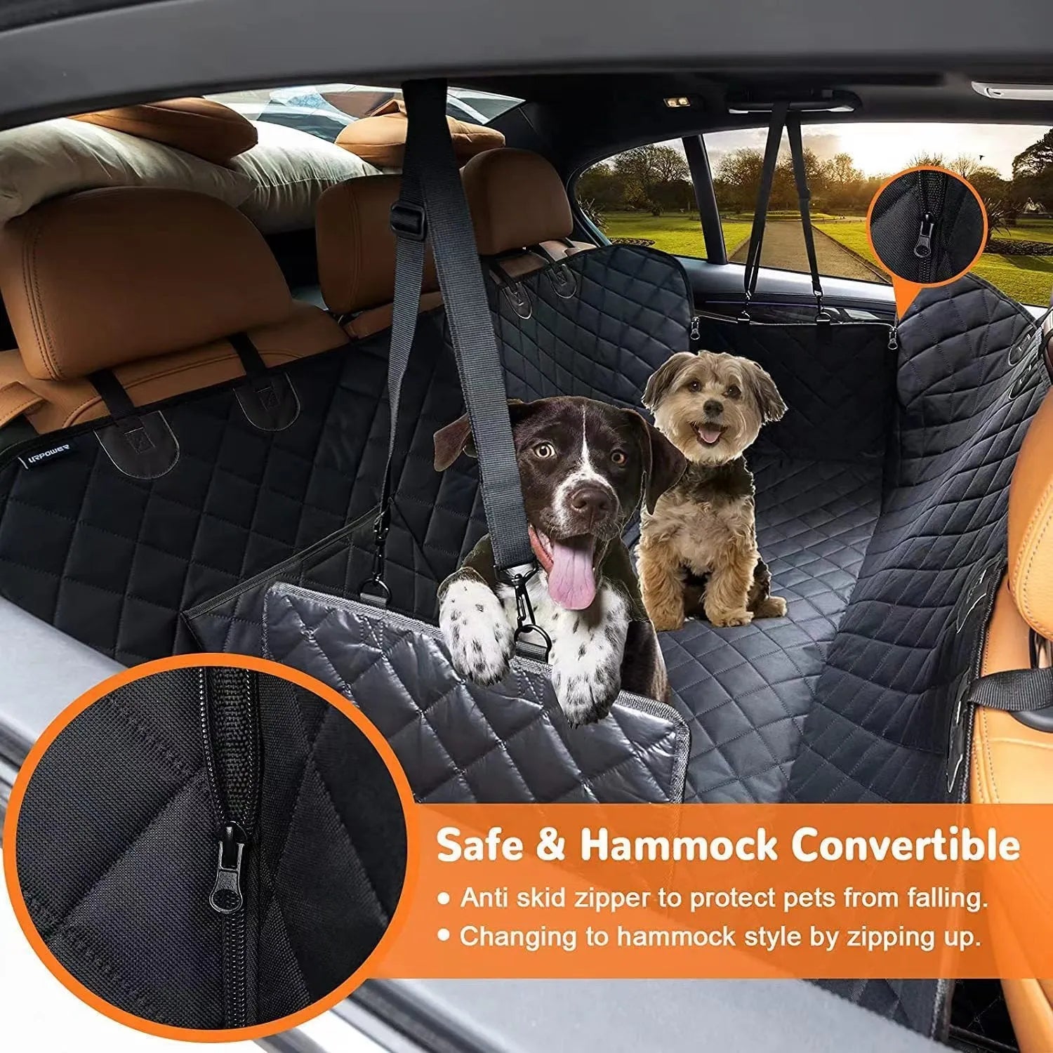 Pet car rear seat cushion cloth orange with pocket 137x147cm anti-bite water resistant dog seat cover