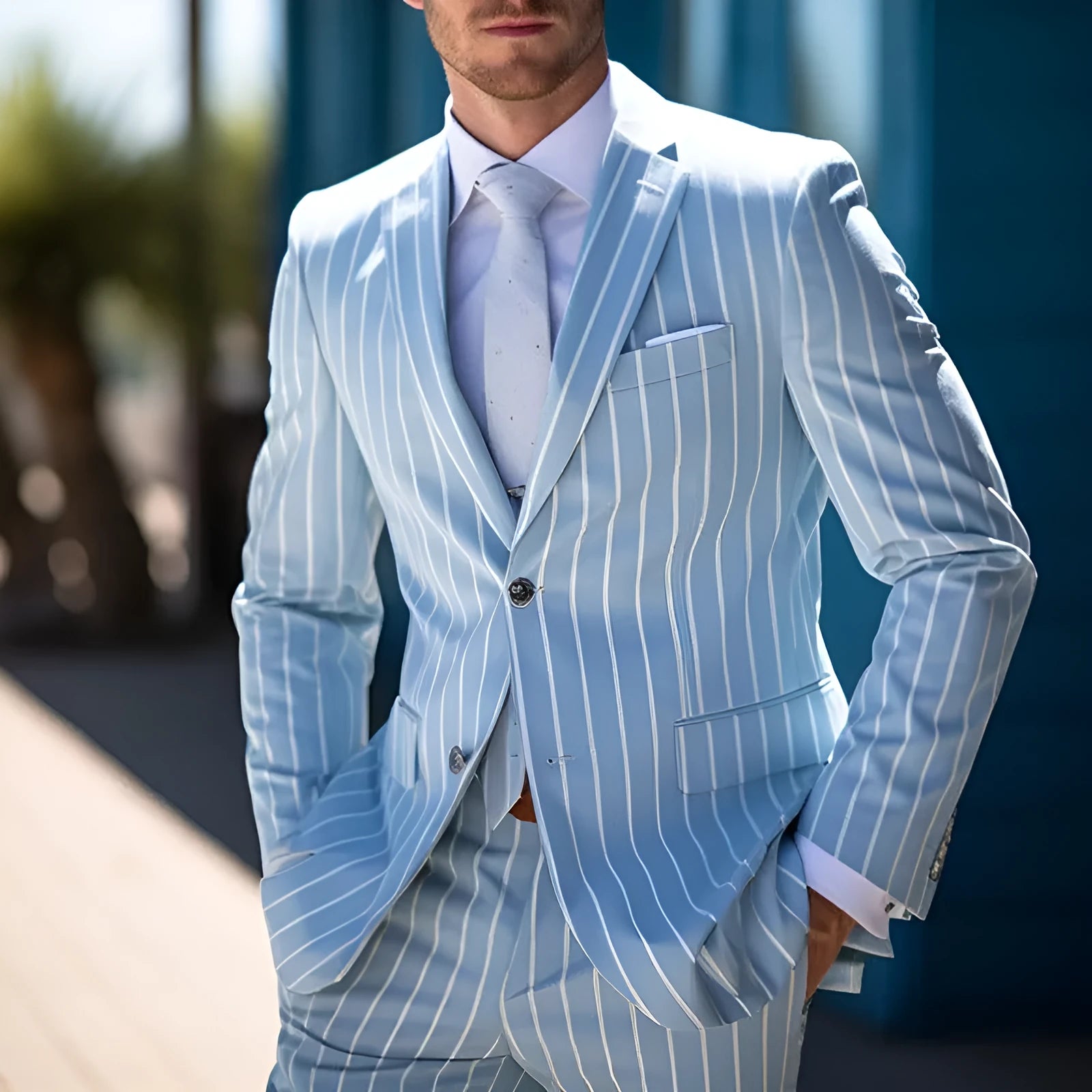 Men's blue and white button British style printed double button suit jacket with straight hem