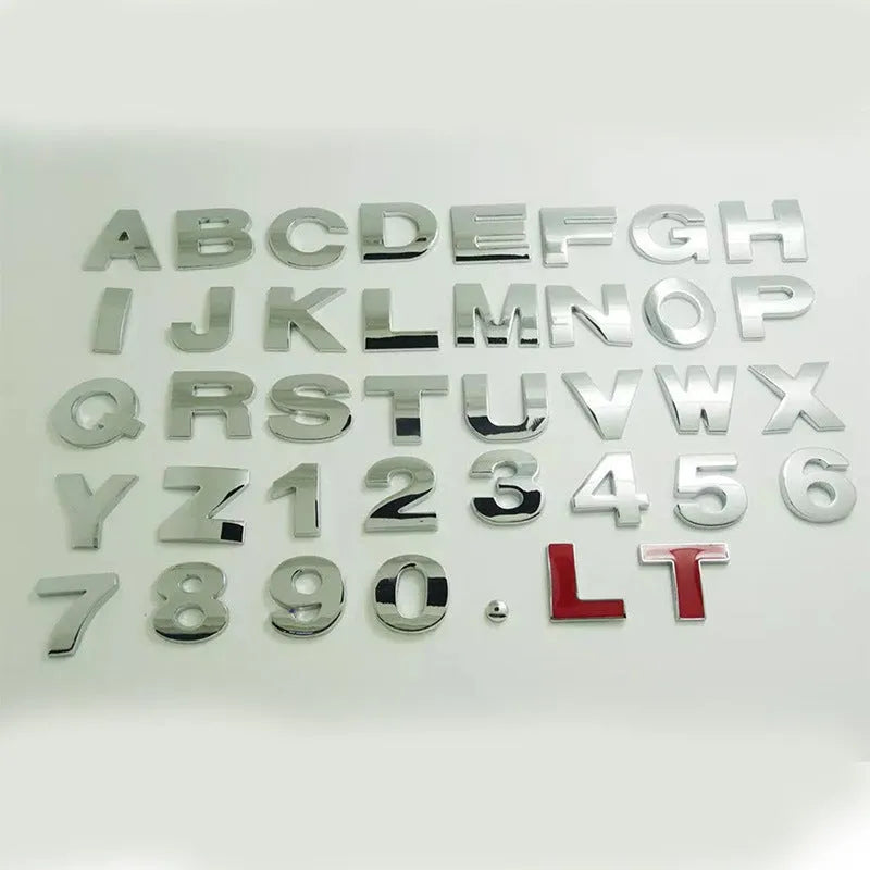3D metal car bumper letter sticker in zinc alloy measuring 2.5cm
