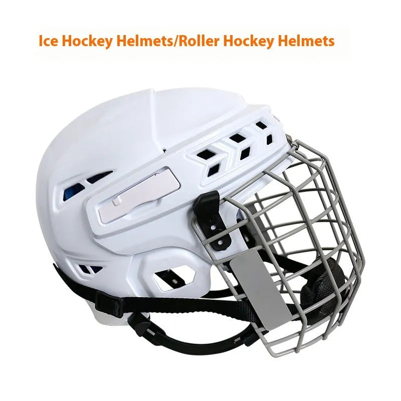 Ice hockey helmet with carbon steel face mask, showing impact-resistant PP shell and cushioned EVA lining interior.