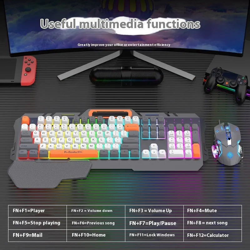 Blue and grey wired gaming keyboard and mouse set with backlit keys on desk