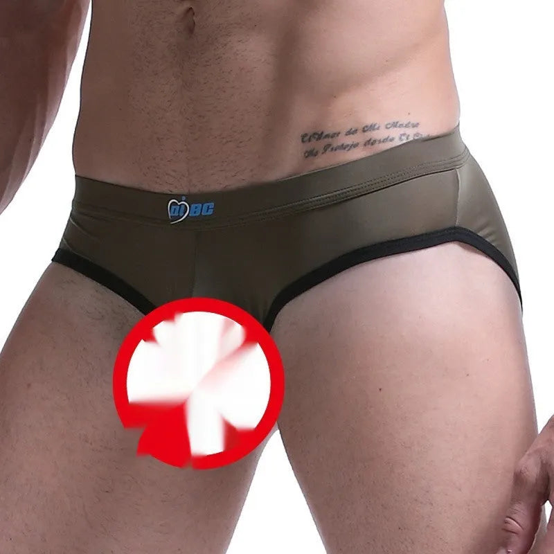 Men's ice silk bazooka briefs in multiple colours showing quick-drying fabric and bullet separation design