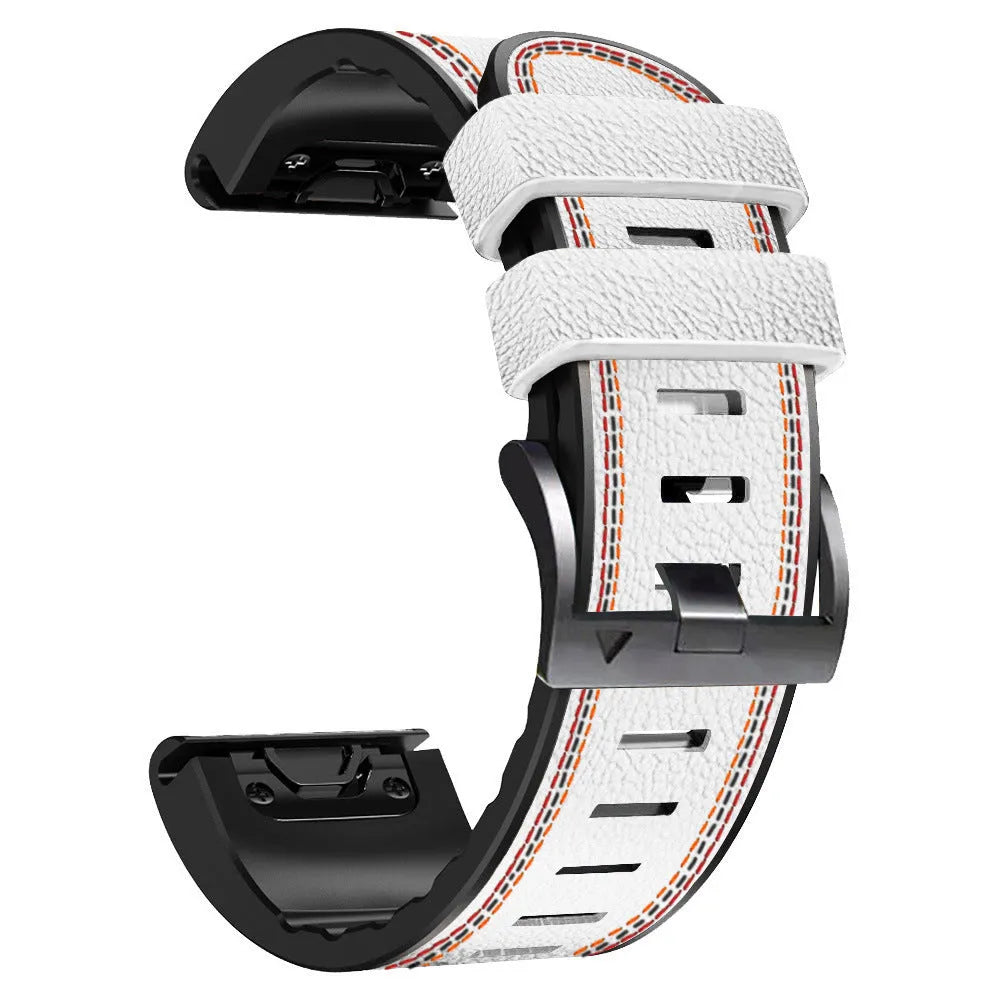 Quick release silicone leather watchband for Garmin Fenix watches in black, brown, light brown, or white.