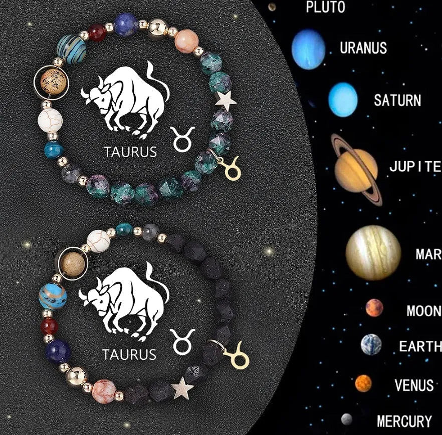 Two natural stone beaded bracelets with metal zodiac sign charms on a white background.