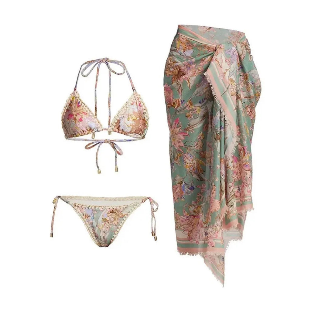 Women's creamy white floral print bikini set with detachable skirt for swimming
