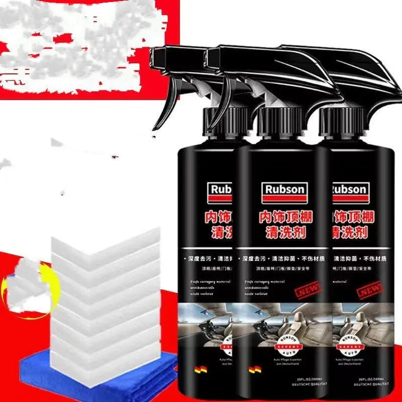 UL ultrasonic fabric roof foam decontamination cleaner bottle with towel and sponge wipes for vehicle ceilings.