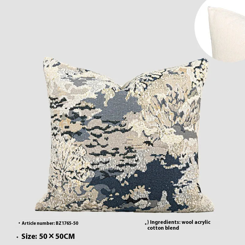 Antique blue square decorative cushion with abstract Chinese style floral pattern and wool blend fabric.