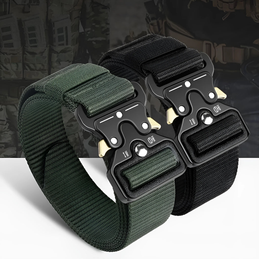 Men's canvas tactical belt with alloy release buckle showing weaving flowers texture treatment