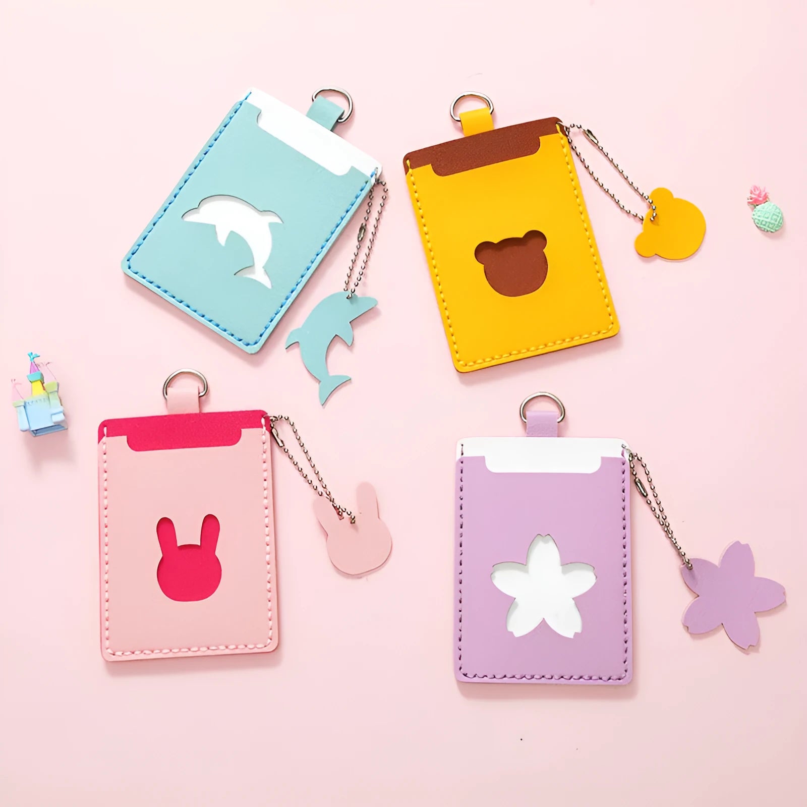 Handmade DIY cartoon cute PU card holder with lanyard in woven contrast colours