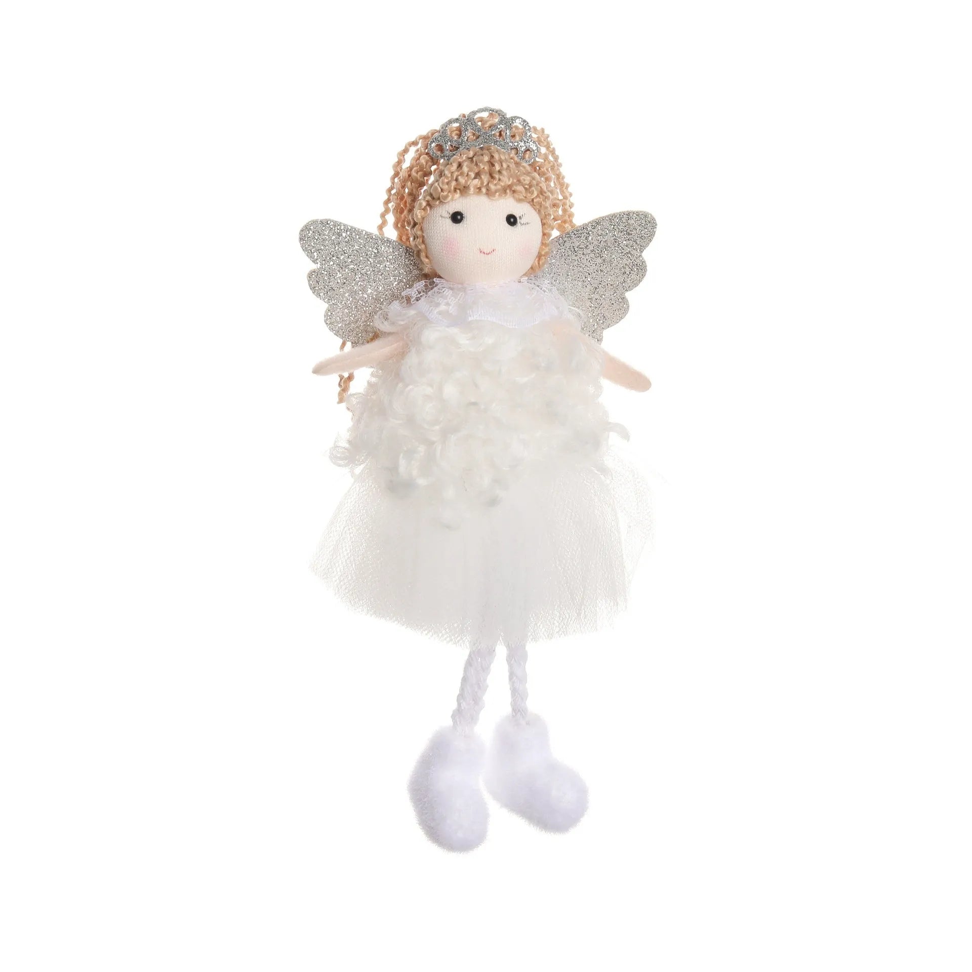 Cartoon Christmas angel fabric pendant attached to a white elastic hair band for a high ponytail.