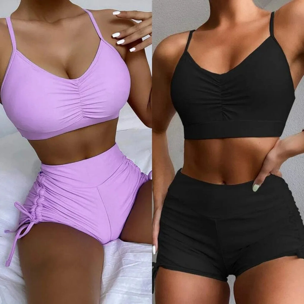 Women's violet high-waist split bikini swimsuit on a mannequin, showing top and shorts.