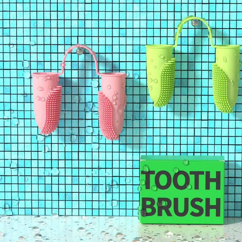 Pet dental finger toothbrush set in pink, blue green, and grass yellow colours, showing double finger design.