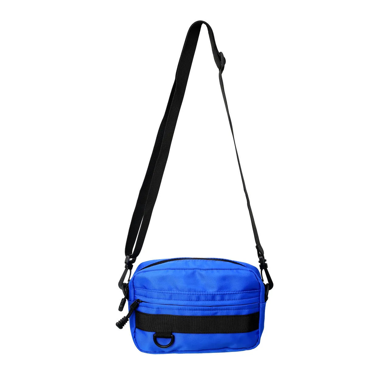 Men's black nylon crossbody messenger bag with sewing thread detail showing front view.