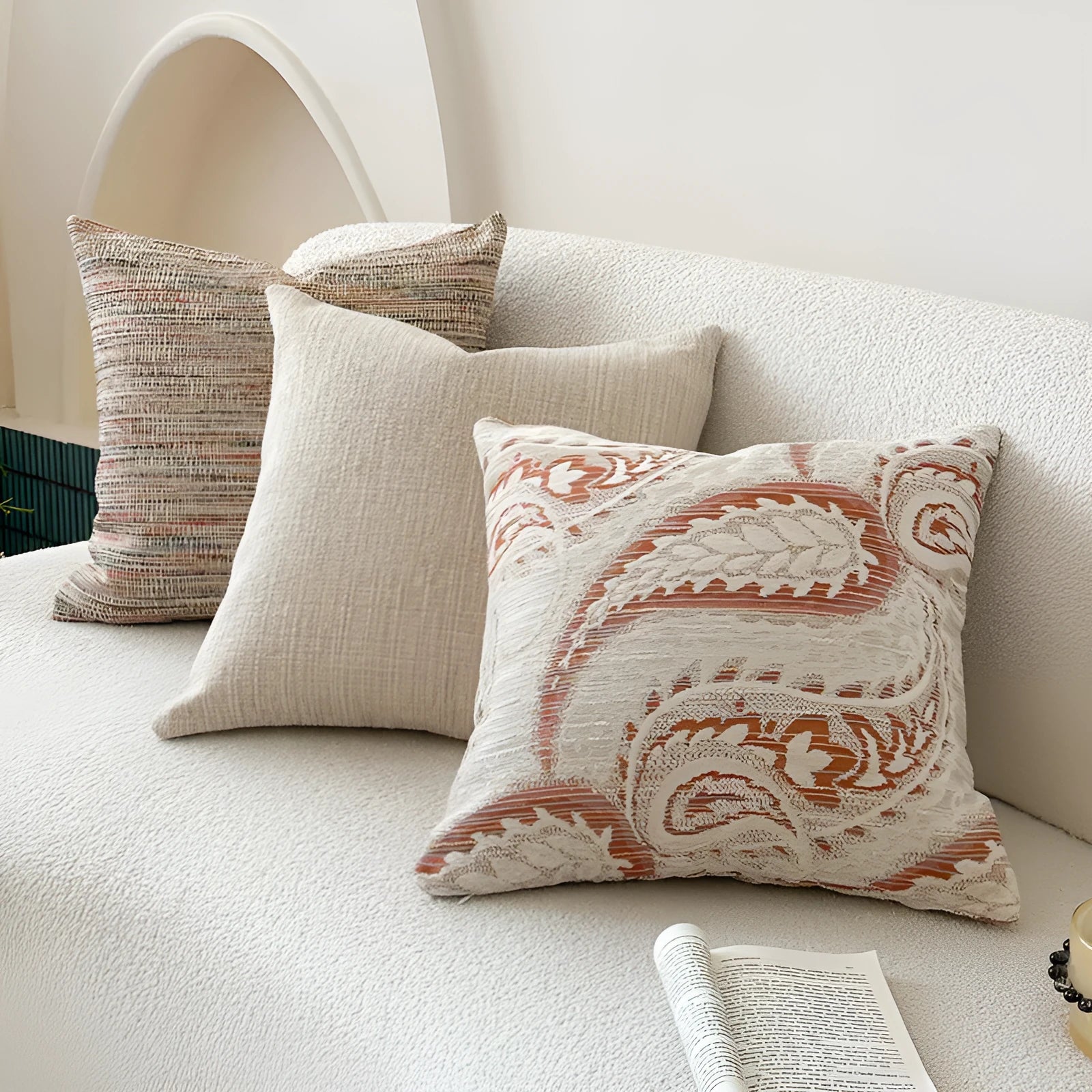Amber jacquard paisley patterned sofa cushion cover with botanical floral design.