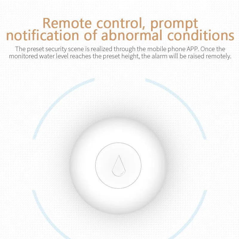 Compact white Zigbee wireless water leak sensor with FCC/CE markings on PC housing.