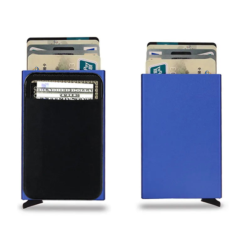 Frosted aluminium metal credit card holder in multiple solid colours showing slim profile