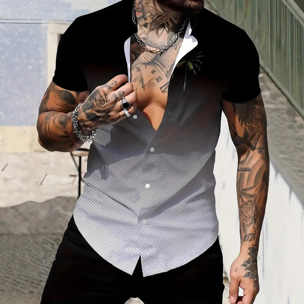 Men's slim-fit short-sleeve shirt with a geometric line pattern printed on the lapel.
