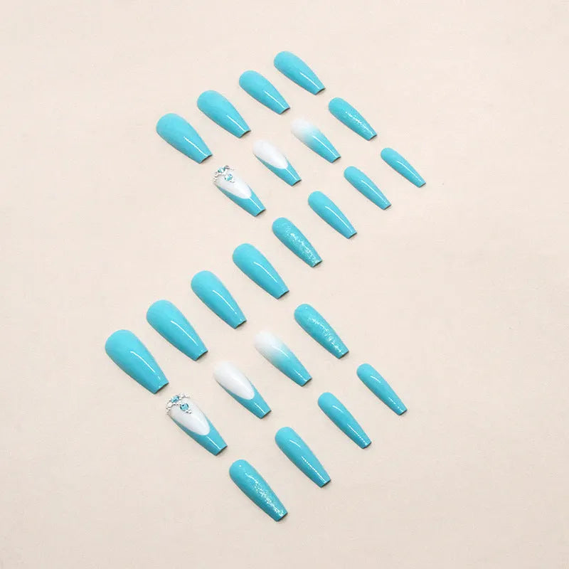 Blue diamond decorated ballerina artificial nails with 20mm length and included glue