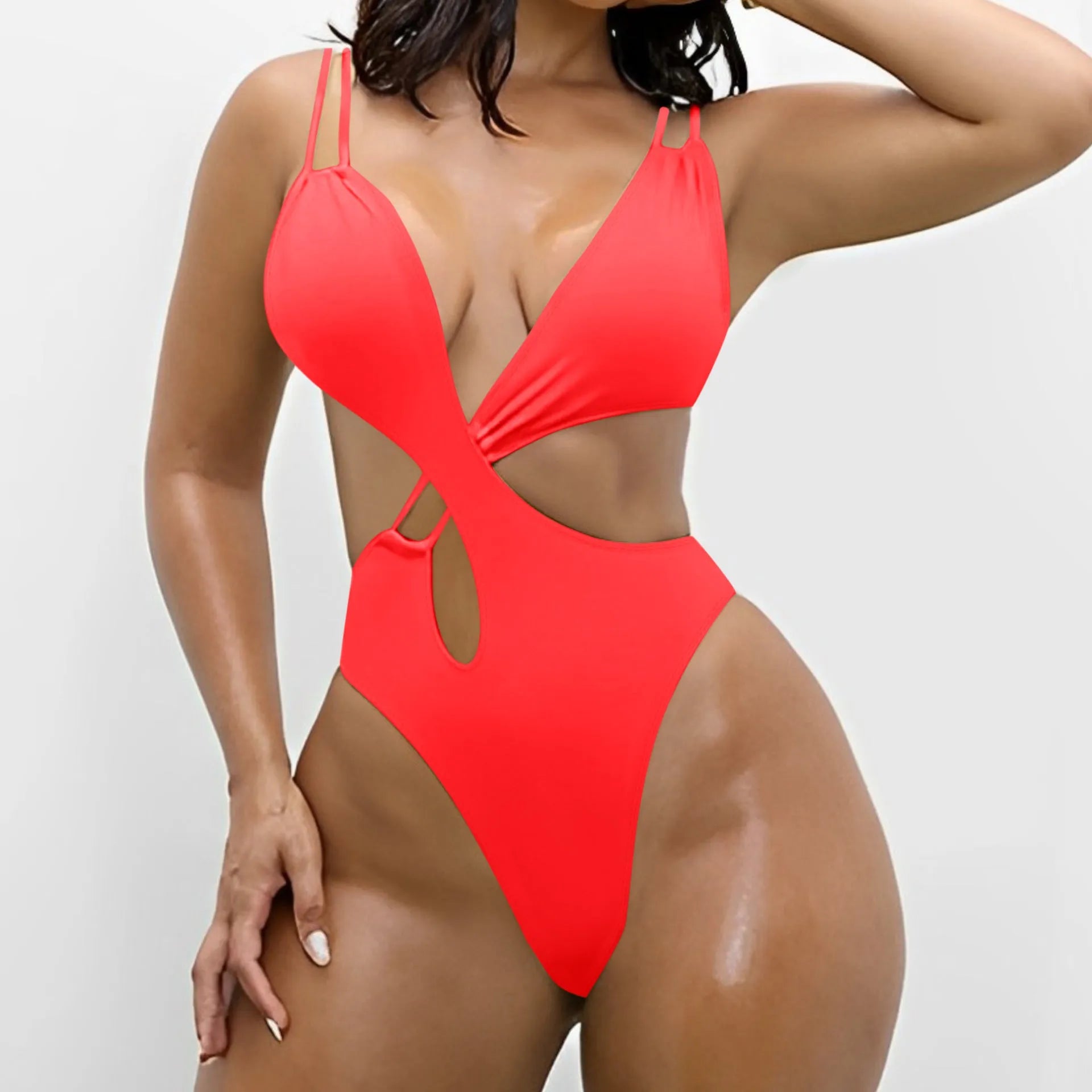 Women's solid colour one-piece triangle swimsuit with backless design in nylon fabric