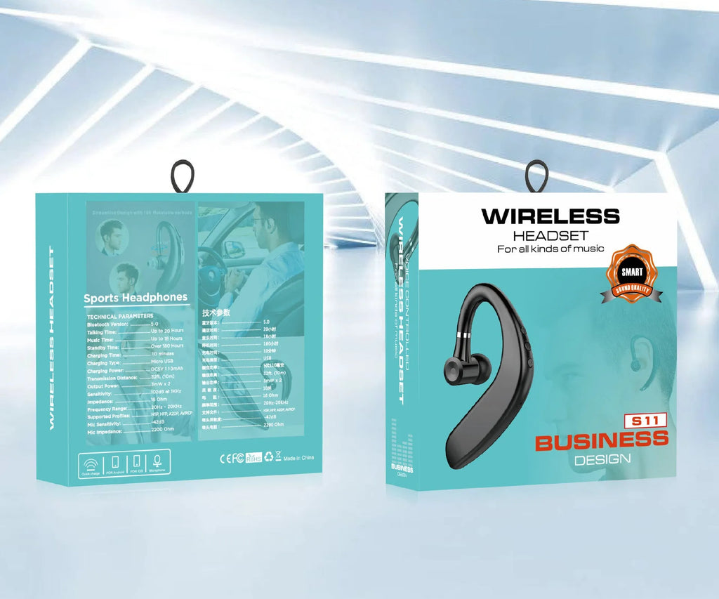 Wireless Bluetooth single ear headset in black or blue colour with in-ear design