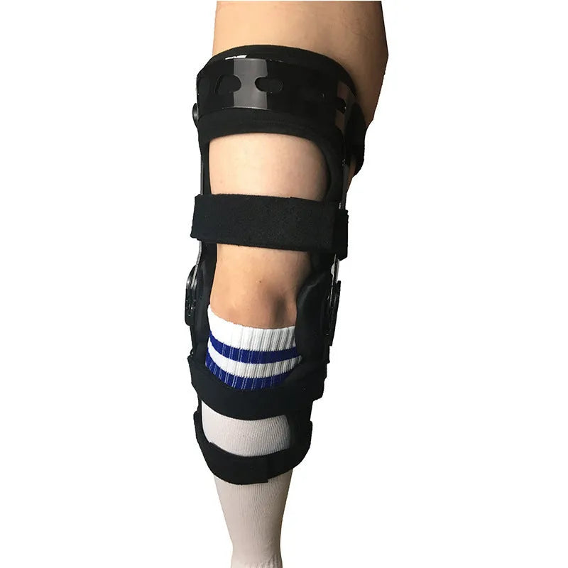 Black anterior ligament knee pad supporter showing left and right knee sizing options