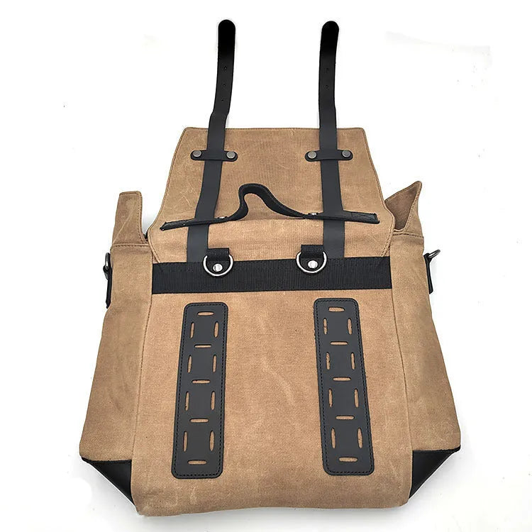 Large black waterproof canvas motorcycle side bag with cowhide top layer mounted on motorcycle