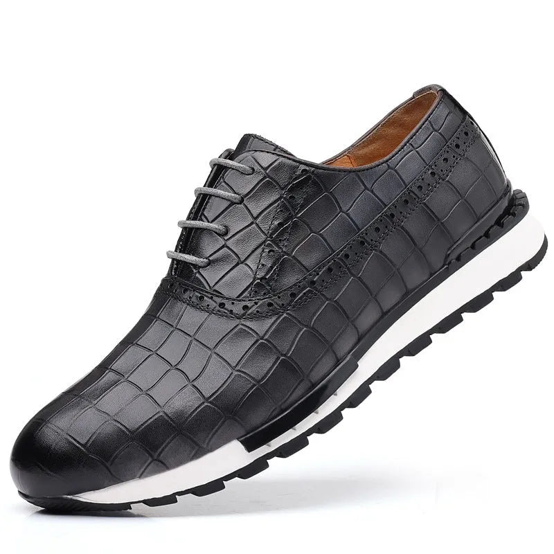 Men's brown lace-up casual calf leather loafers with rubber sole and low heel on display