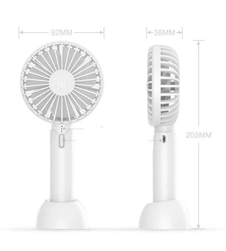Blue mini handheld USB electric fan with three-speed control on a desk.