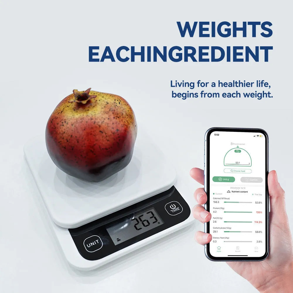 Black Bluetooth smart kitchen scale with nutrition calculator app on phone screen, 153x135x27mm