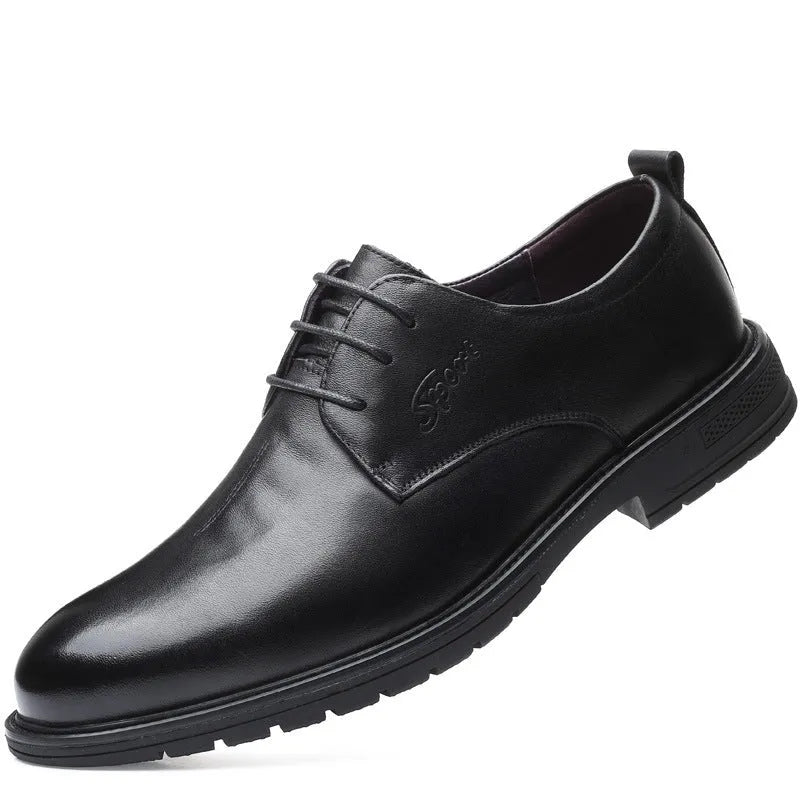 Men's black cowhide formal leather shoes with rubber sole and low upper, side view