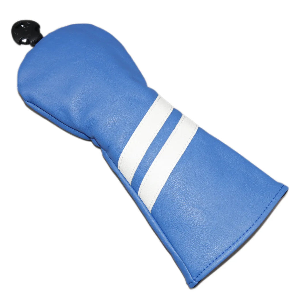 Golf club head cover with two oblique stripes in pu material, shown in available colours with size comparison