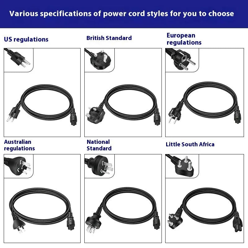 Black 65W USB-C laptop power adapter with a set of international plug cords for UK, US, EU, AU and SA sockets.