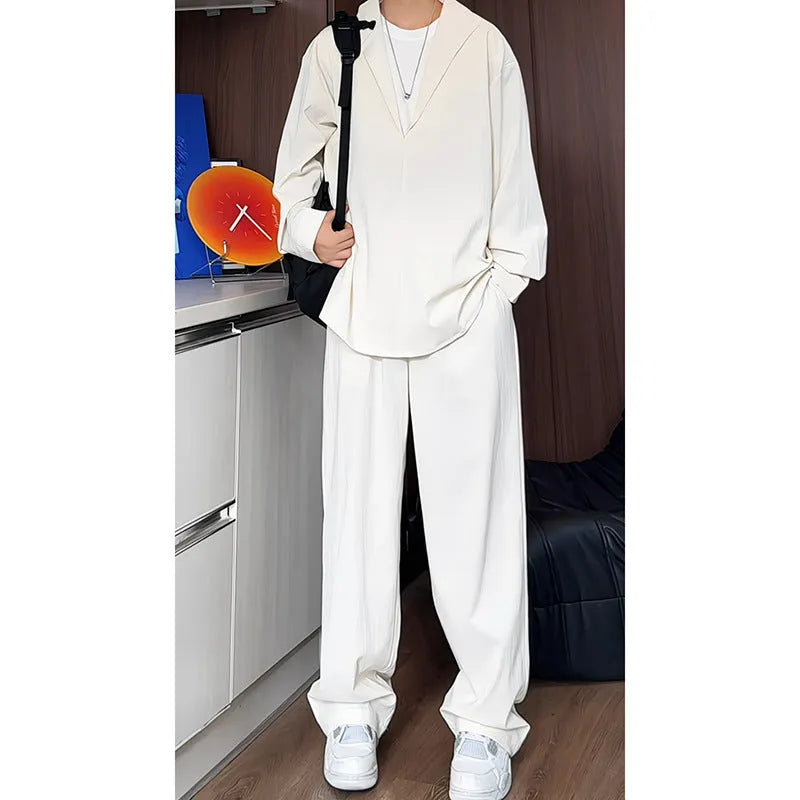 Men's black long sleeve polo shirt and trousers two-piece casual suit on hanger