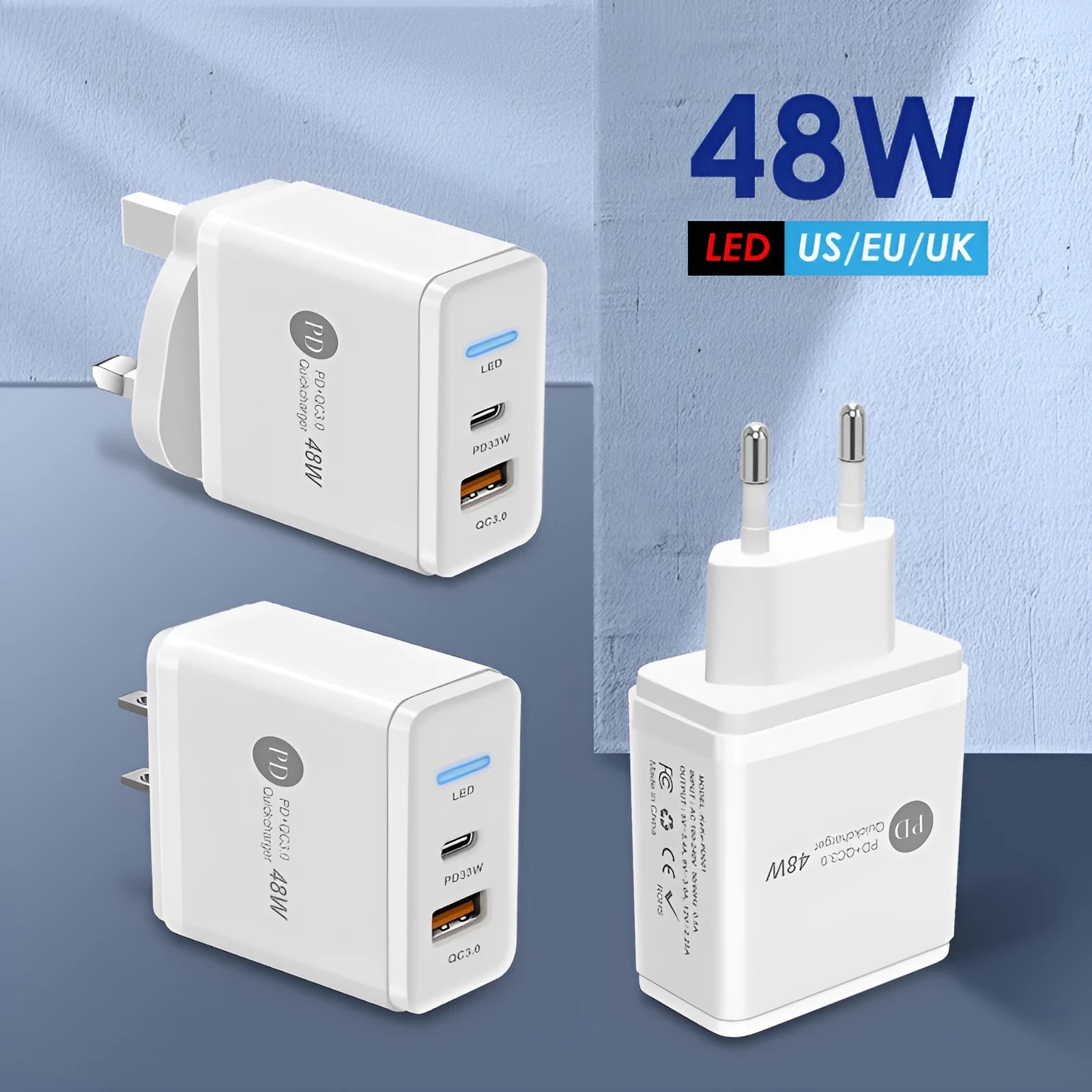 PD48W fast travel charger with UK three-pin plug in black or white colour, showing type-C USB port