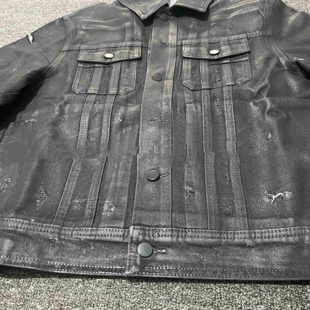 Denim Coat Archive short slim jacket in black with lapel collar and long sleeves