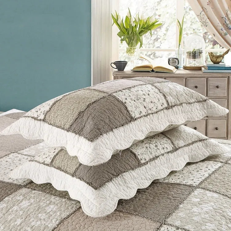 Washed pure cotton quilted bedspread and pillowcase set in a Korean style, showing textured non-slip surface.
