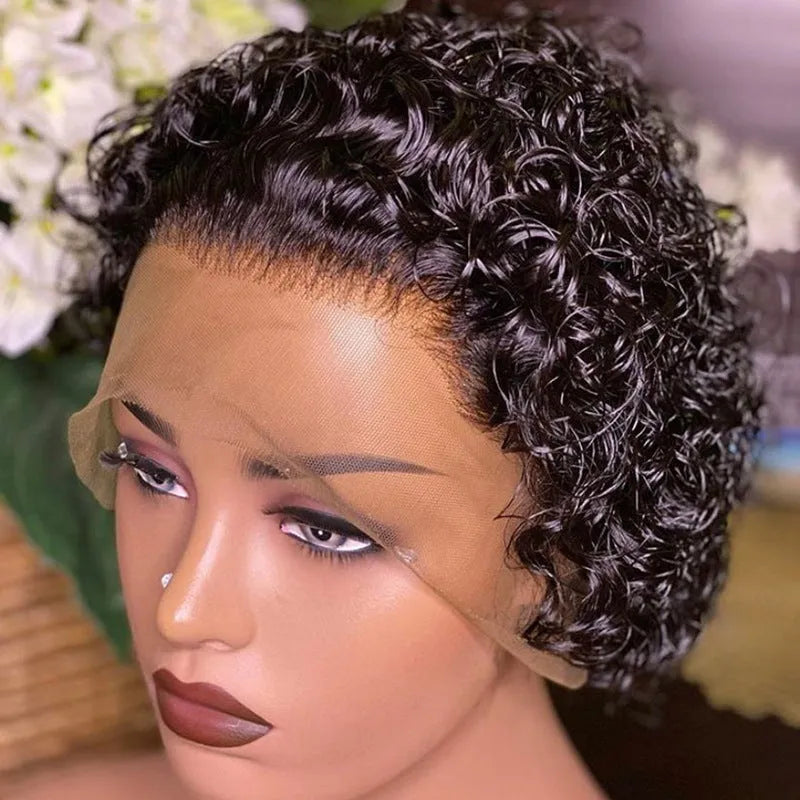 Black human hair lace front wig in pixie style for daily wear