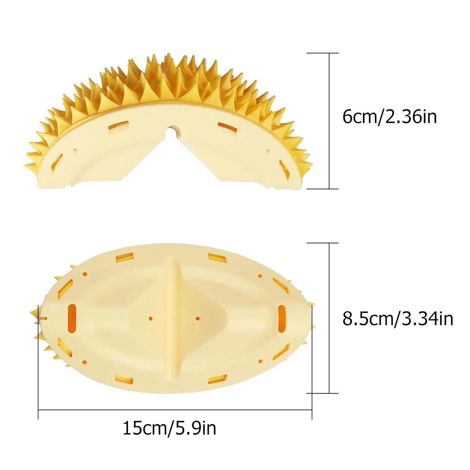 Yellow durian-shaped cat corner scratcher with massage comb surface mounted on wall