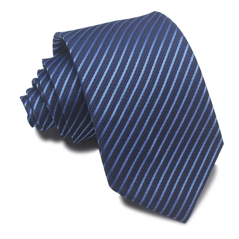 Man's red, black, and blue striped jacquard business tie with an 8cm width.