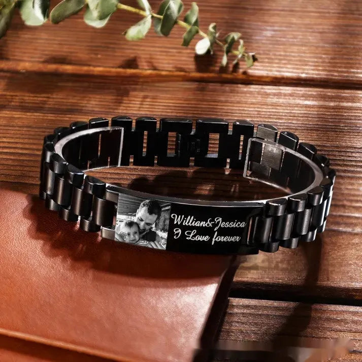 Titanium steel lettering bracelet with curved heart shape and electroplated black lettering