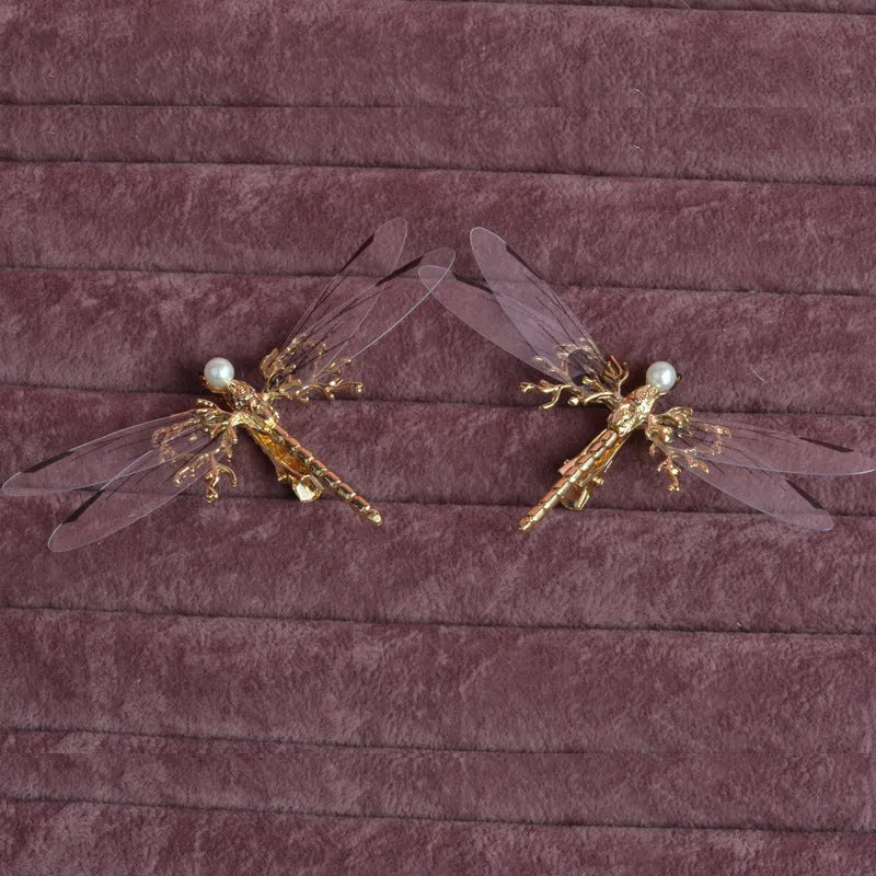 Golden dragonfly side clip headdress for women with alloy construction and electroplated finish