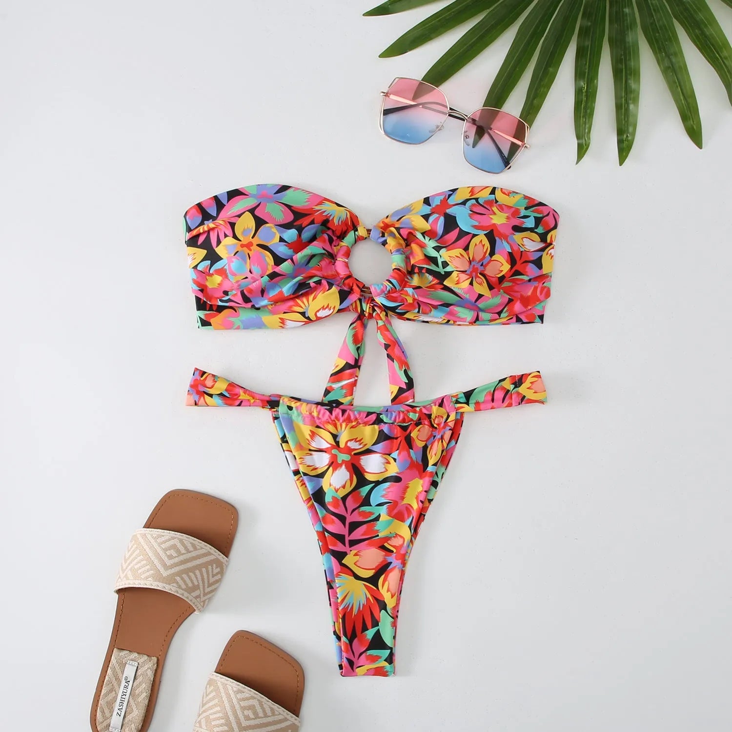 Women's floral print tube top ring bikini swimsuit with backless briefs design