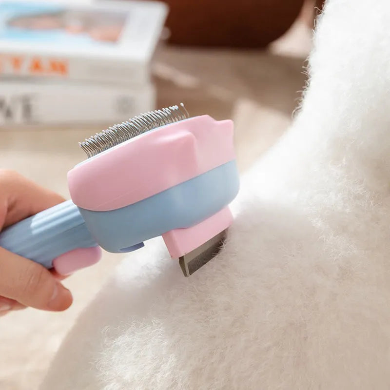 Blue pet grooming brush with double-sided deshedding rake and dematting comb tool