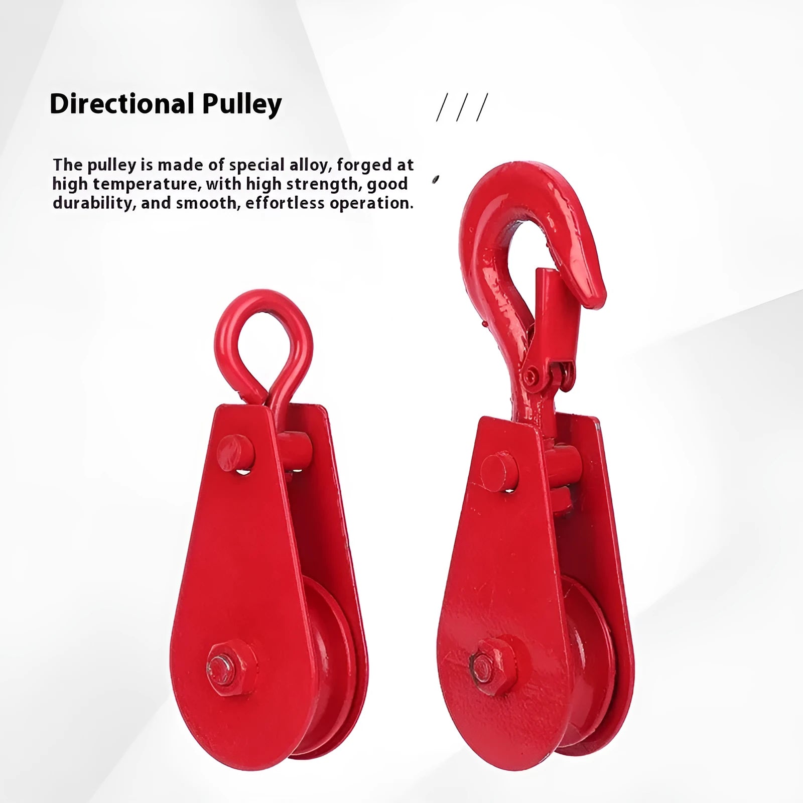 Red forged steel industrial lifting pulley with a safety latch on the hook