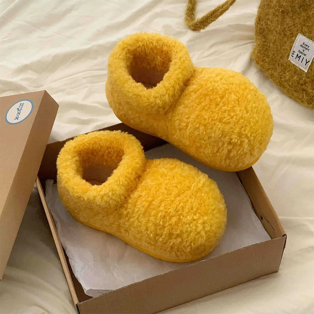 Women's furry boots in solid colour, suede upper, rubber sole, deep mouth design, red or yellow, sizes 36-41