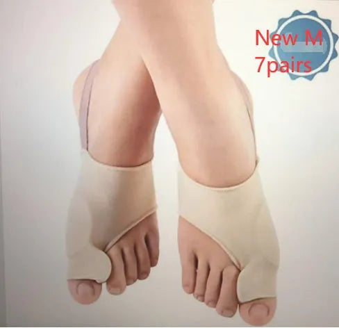 Valgus toe separator corrective socks with silicone gel bunion pad shown in sizes S, M, and L.
