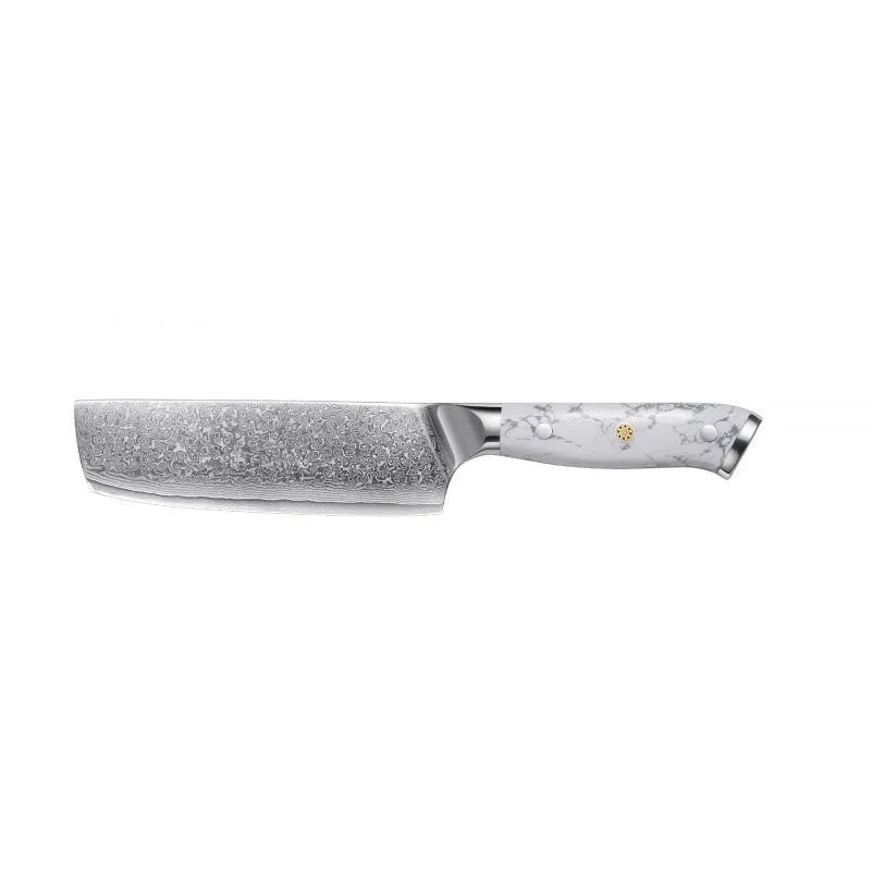 Damascus pattern chef's knife with VG10 steel blade and modern handle on a kitchen counter.