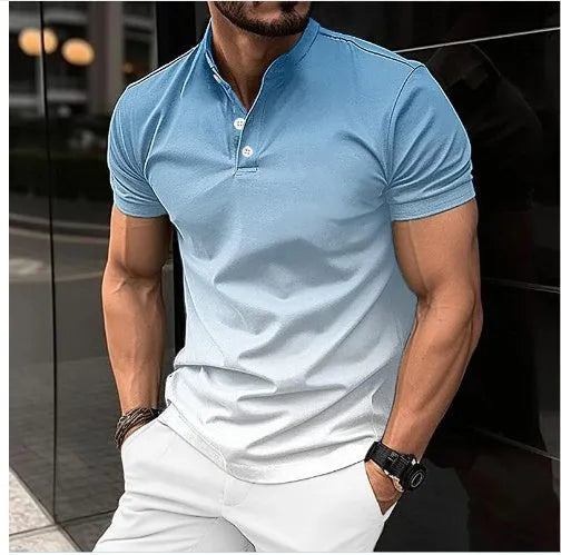 Cotton blend stand collar gradient short sleeve t-shirt in green, regular fit, short sleeves, colour-block pattern